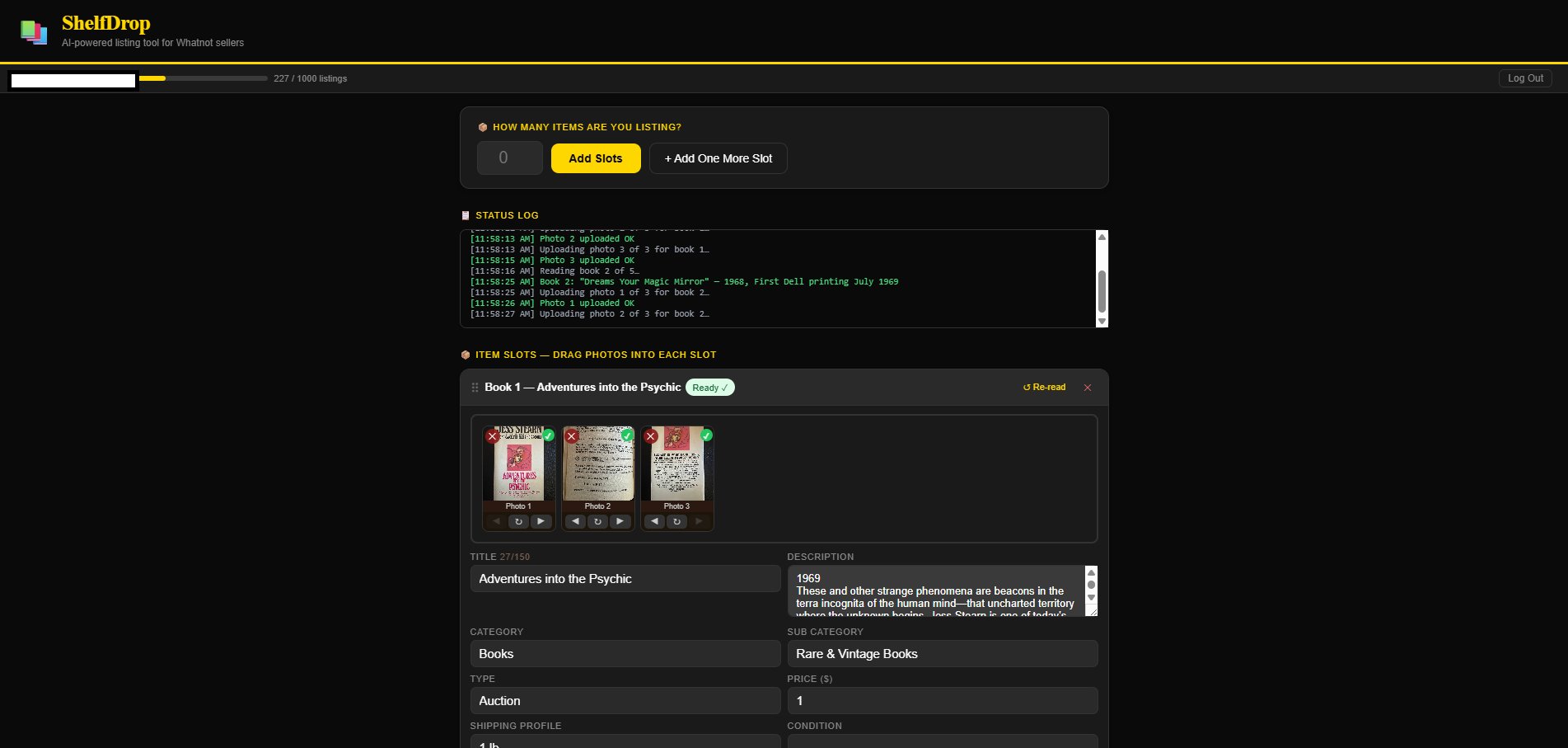 ShelfDrop processing books with AI
